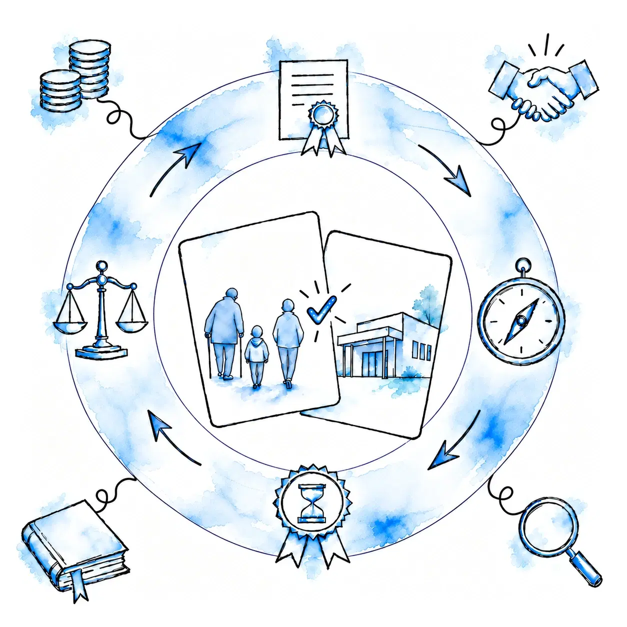 Illustration of a ring holding a contract with a seal, a compass, a quality label with an hourglass and a set of scales, surrounded by a stack of coins, a handshake, a law book and a magnifying glass. At the centre two cards fit together: residents of different ages on one, a care provider on the other, with a checkmark where they overlap.