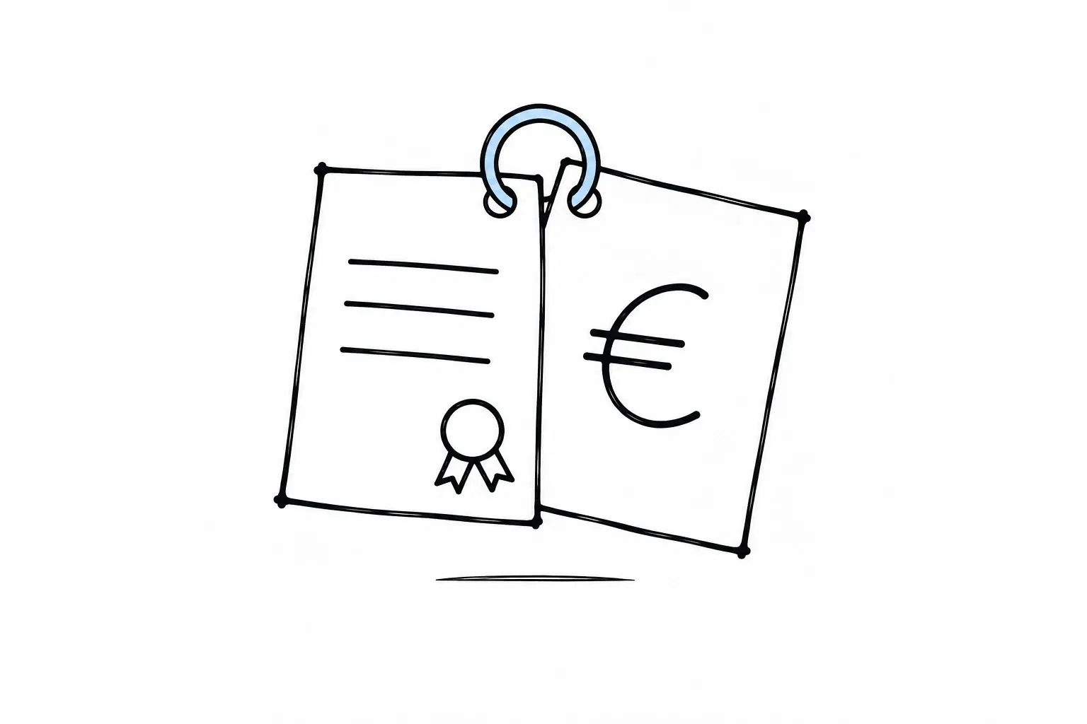 Illustration of two sheets on a single light blue ring, a contract with a seal on the left and a decision with a euro sign on the right