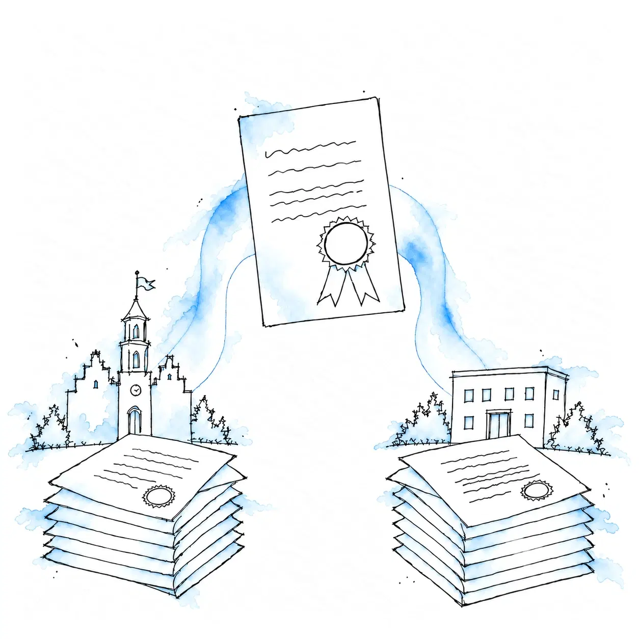 Illustration of two equally high stacks of stamped forms, a town hall behind the left one and a provider building behind the right one, with a single continuous blue band rising from both stacks and meeting in the centre above them at a sheet bearing a large seal