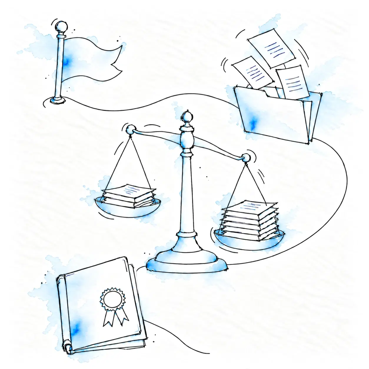 Illustration of a flag, a case file folder with loose sheets, a pair of scales tipping under a thin and a thick stack of documents, and a report with a seal, connected by a single winding line
